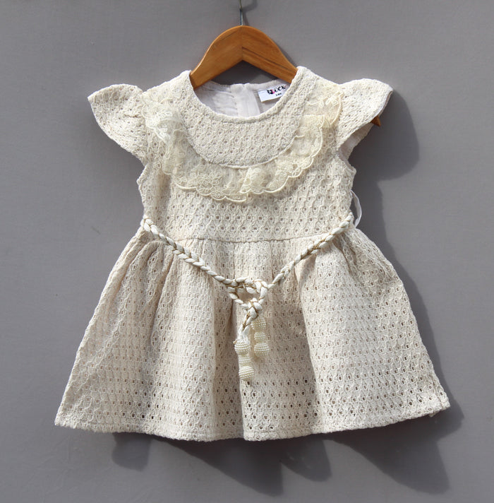 Frockwala Girls’ Cream Lace Frock with Flutter Sleeves