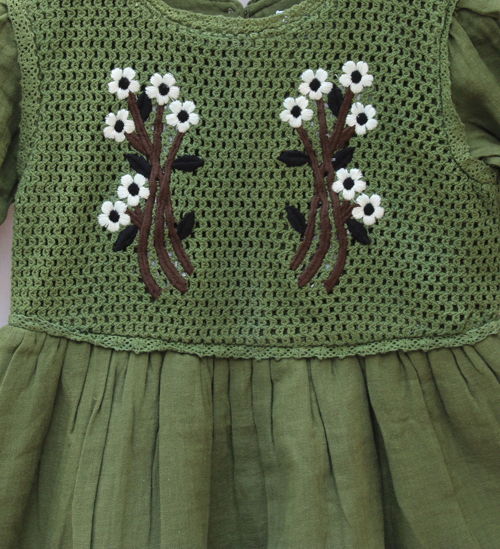Vintage-inspired charm with this exquisite Olive Green Cotton Dress