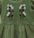Vintage-inspired charm with this exquisite Olive Green Cotton Dress