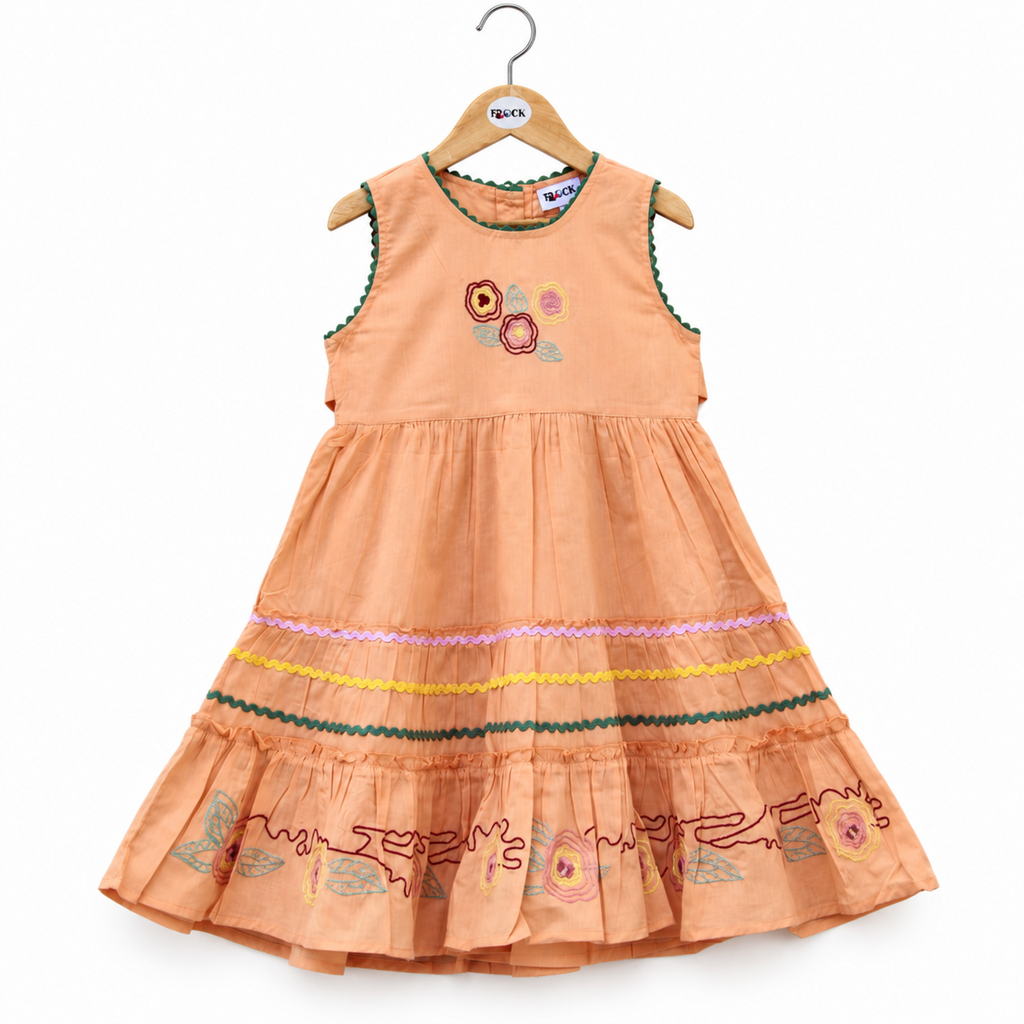 Peach cotton embroidered girls dress