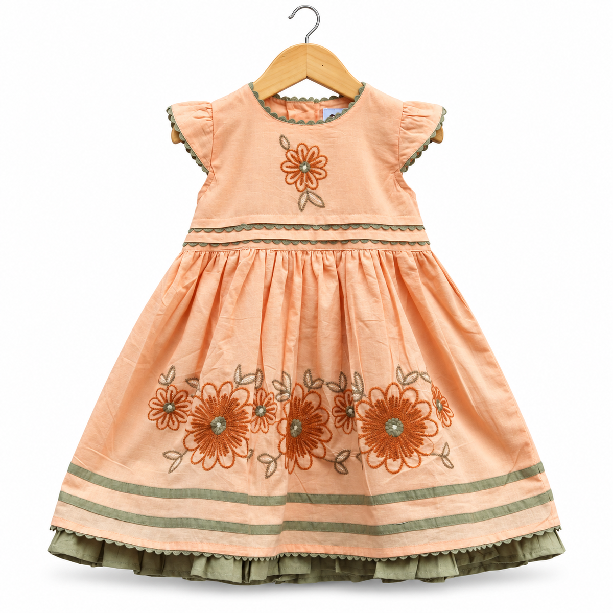 Sage green ruffle trim kids dress