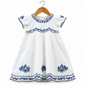 Frockwala Girls White Embroidered Cotton Dress – Blue Floral Design