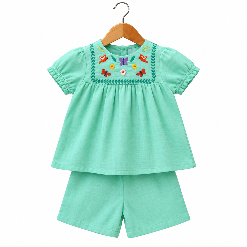 Mint Green Embroidered 100% Cotton Girls Top & Shorts Set