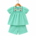 Mint Green Embroidered 100% Cotton Girls Top & Shorts Set