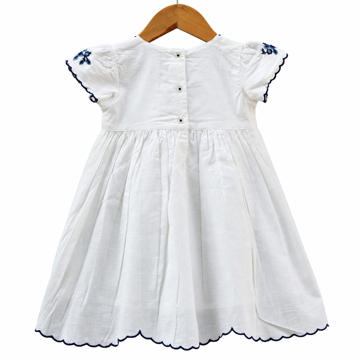 Frockwala Girls White Embroidered Cotton Dress – Blue Floral Design