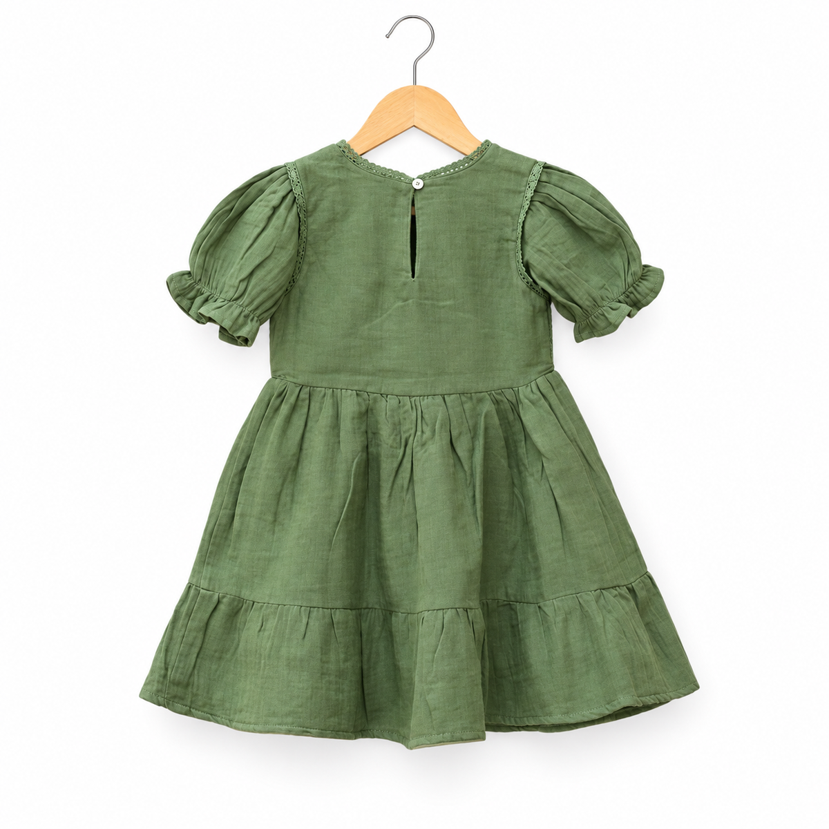 Vintage-inspired charm with this exquisite Olive Green Cotton Dress