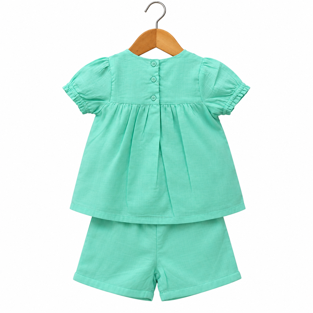 Mint Green Embroidered 100% Cotton Girls Top & Shorts Set