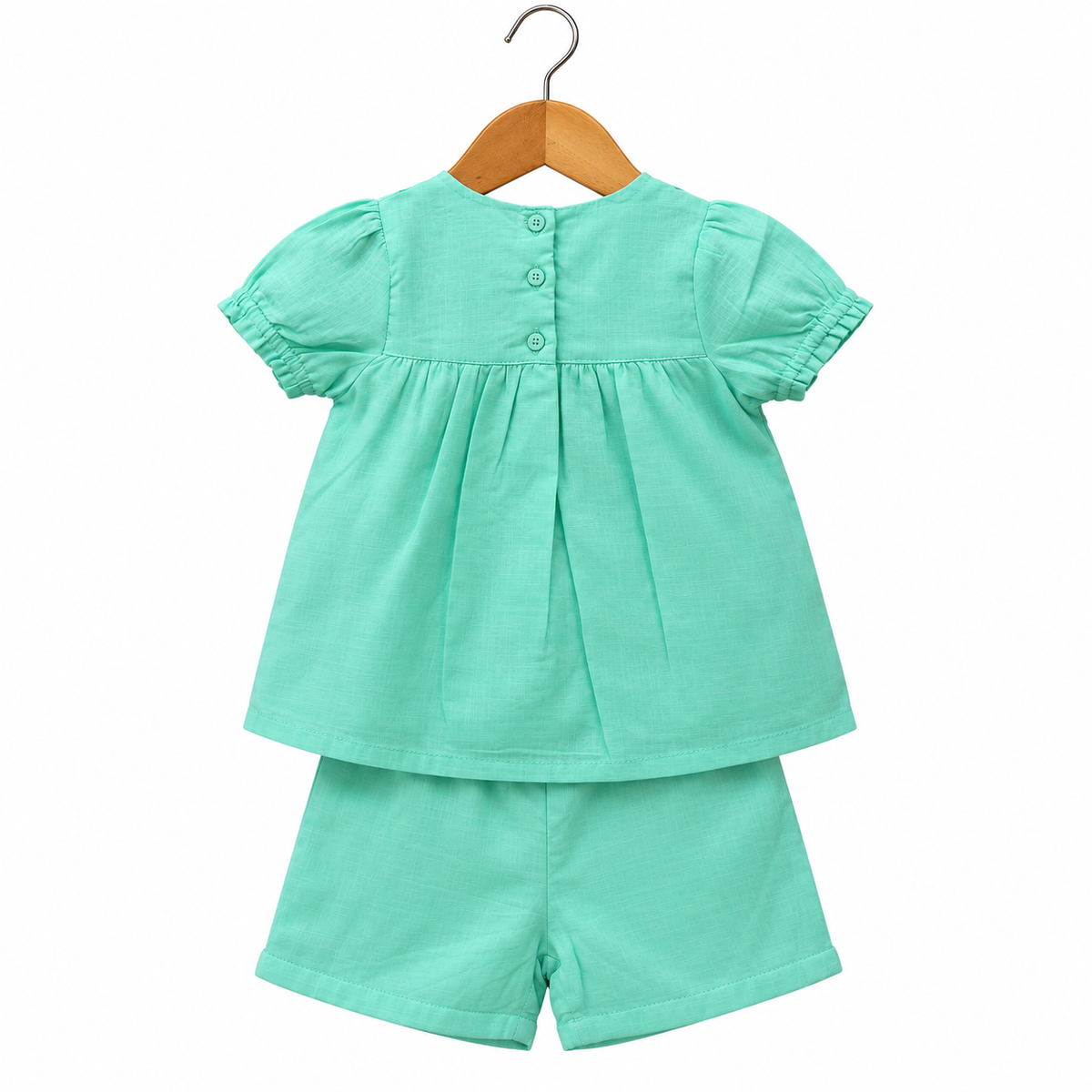 Mint Green Embroidered 100% Cotton Girls Top & Shorts Set