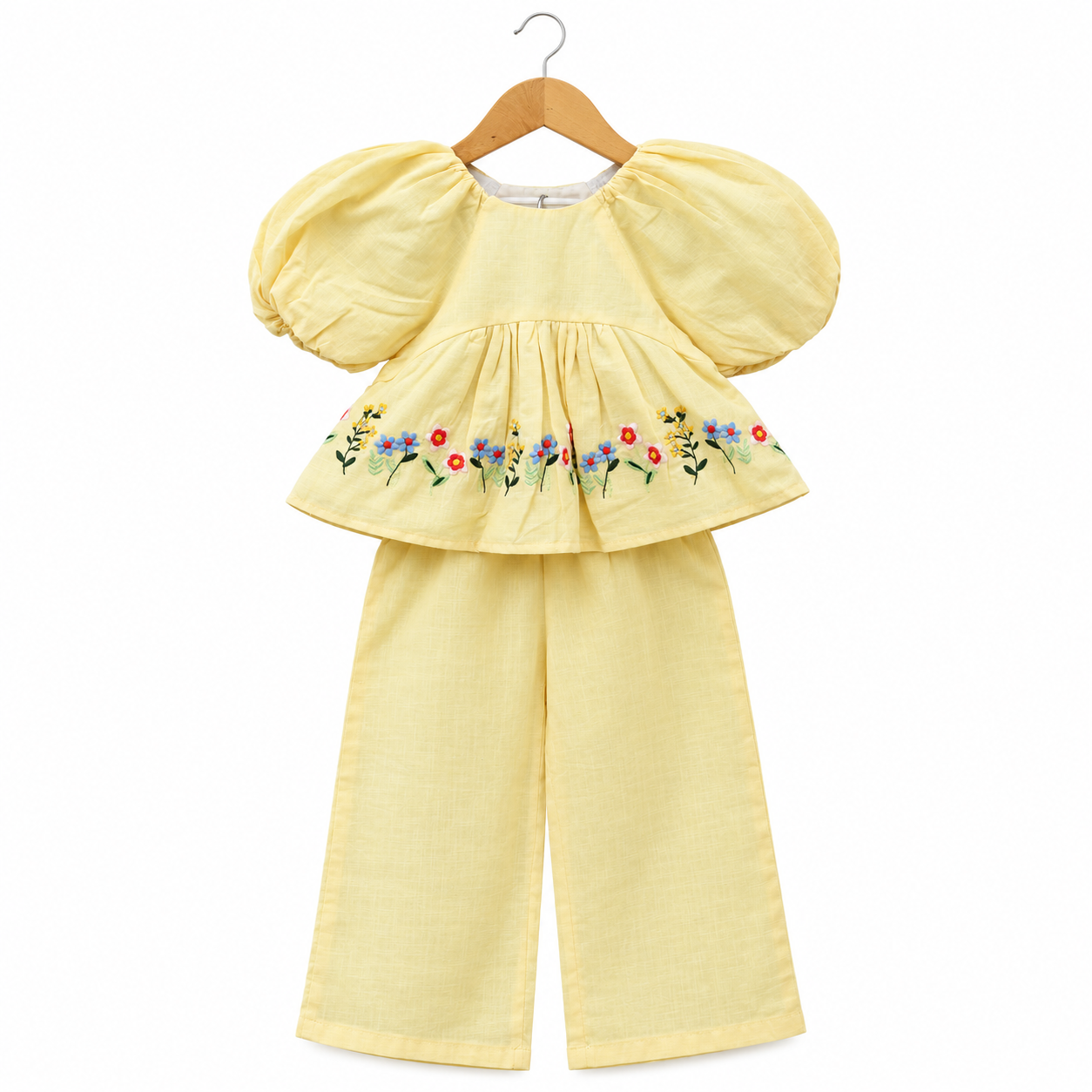 Pastel Yellow Floral Cotton Girls Co-ord Set