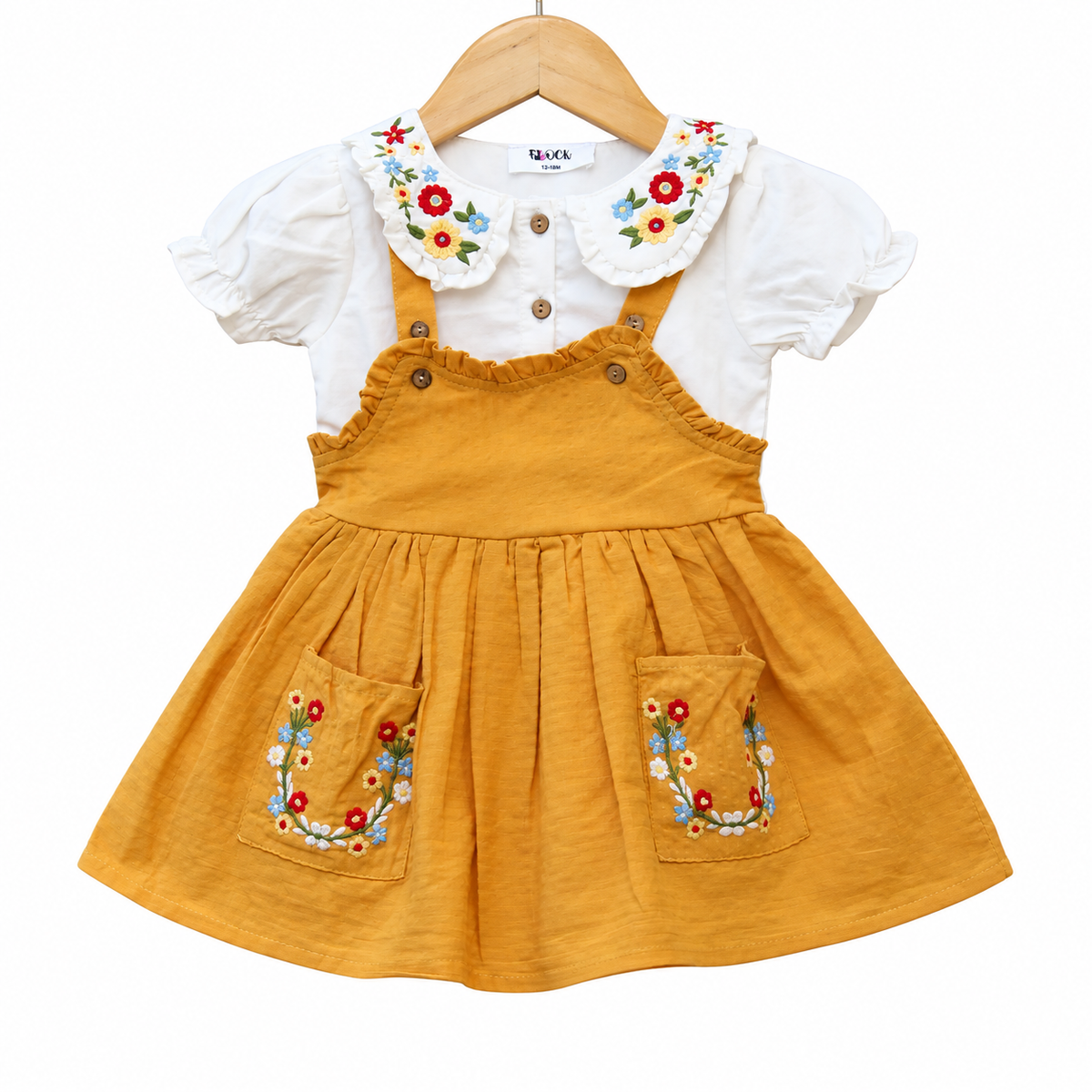 Mustard Embroidered Dungaree Dress.