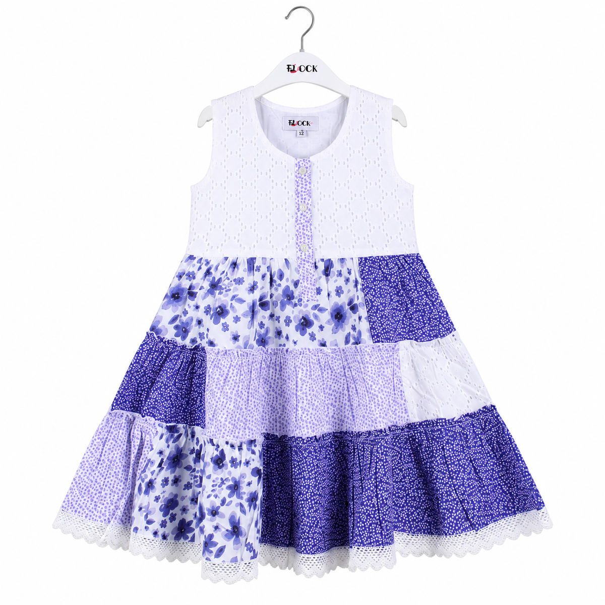 Blue & White Floral Patchwork Cotton Frock