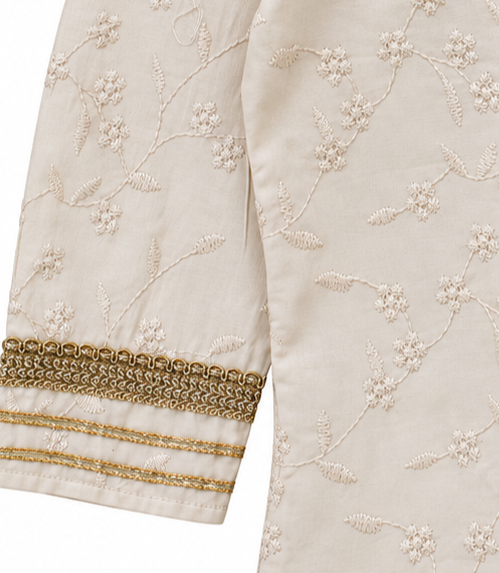 Girls Premium Cream Silk-Blend Embroidered Kurta and Sharara Set