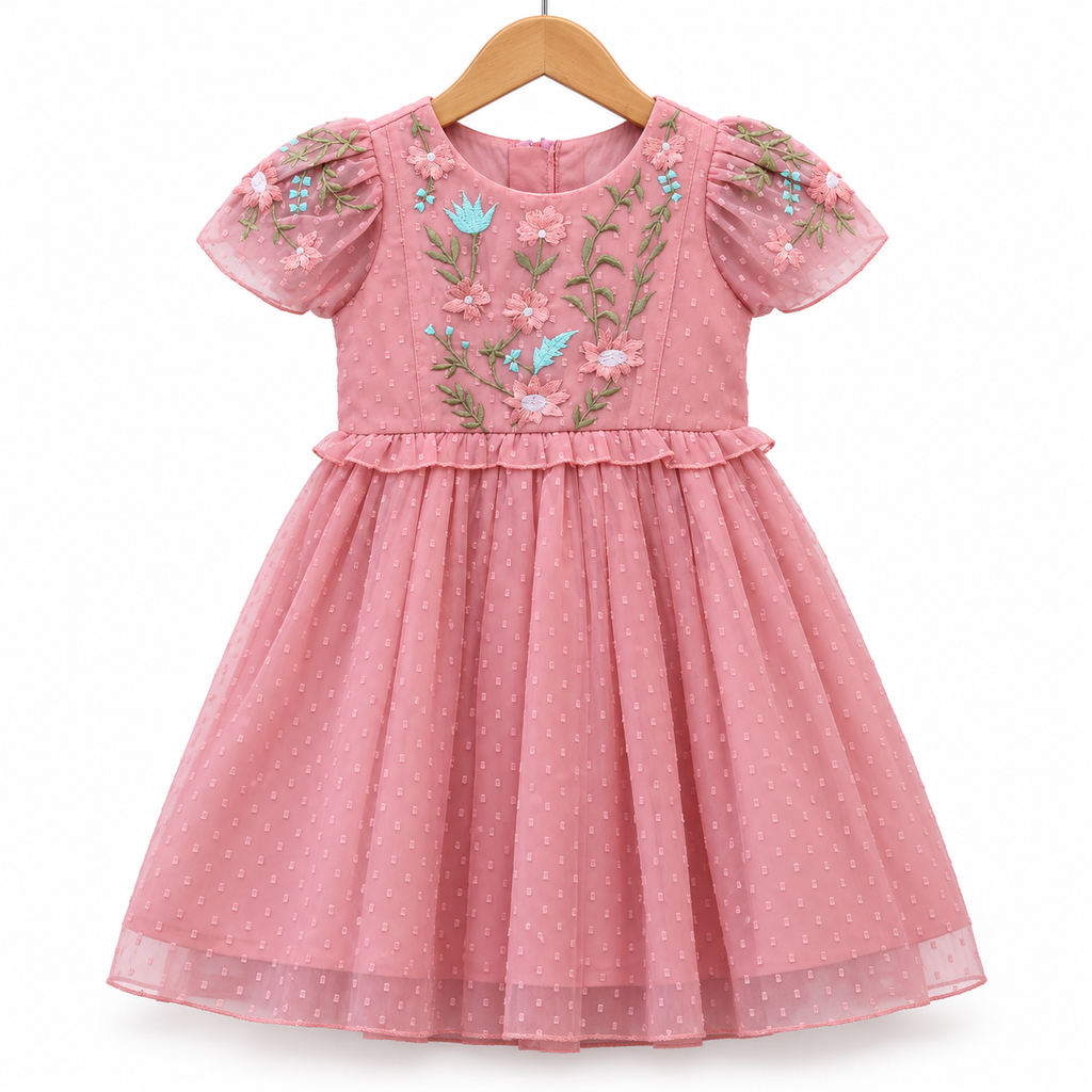 Peach Embroidered Net Party Frock for Baby Girls