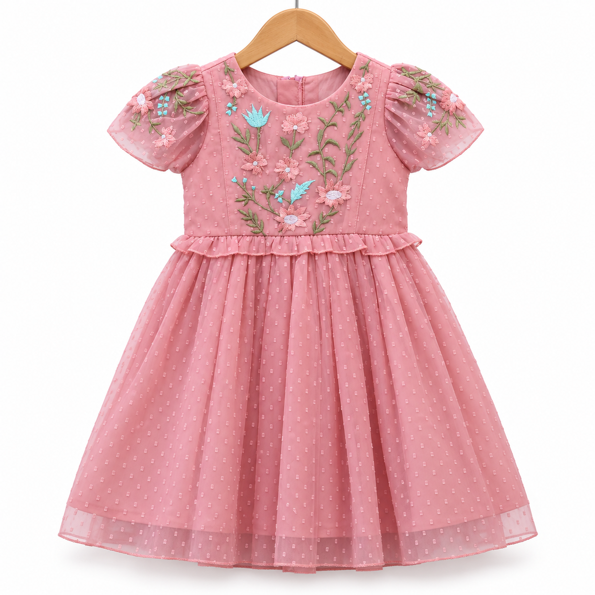 Peach Embroidered Net Party Frock for Baby Girls