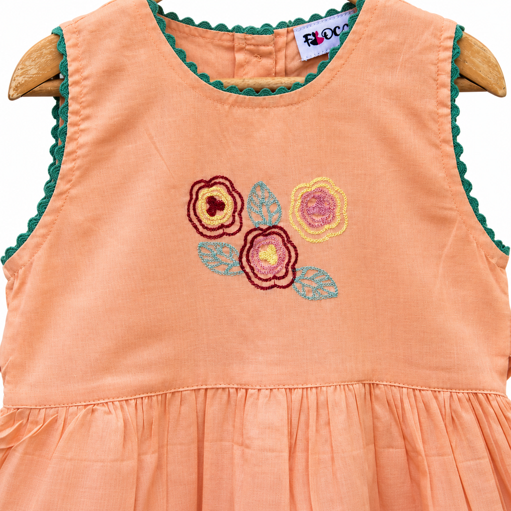 Peach cotton embroidered girls dress