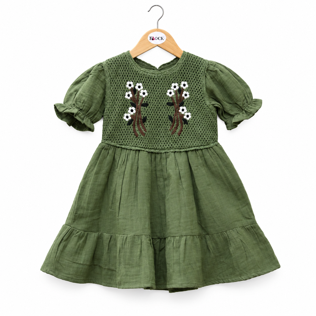 Vintage-inspired charm with this exquisite Olive Green Cotton Dress