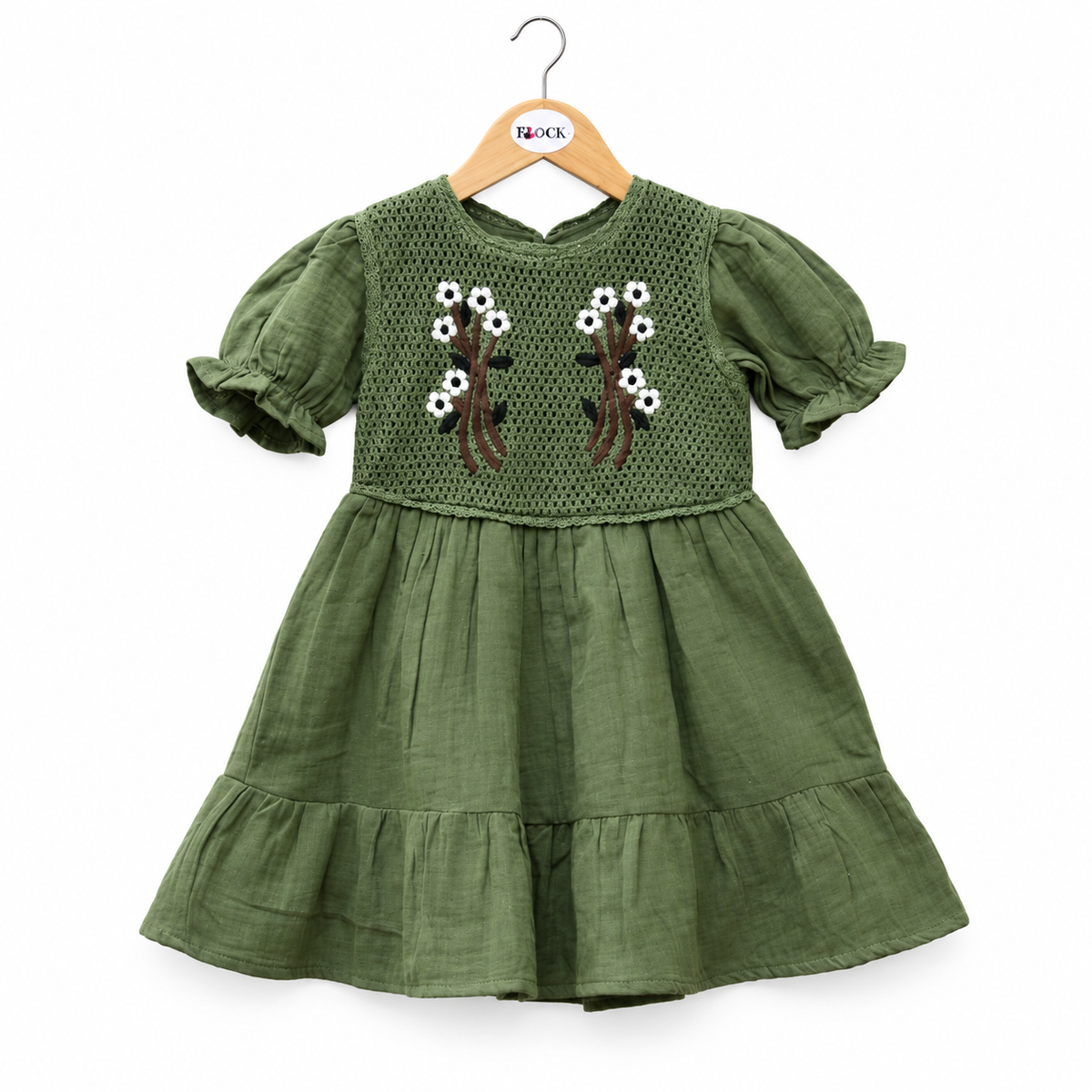 Vintage-inspired charm with this exquisite Olive Green Cotton Dress