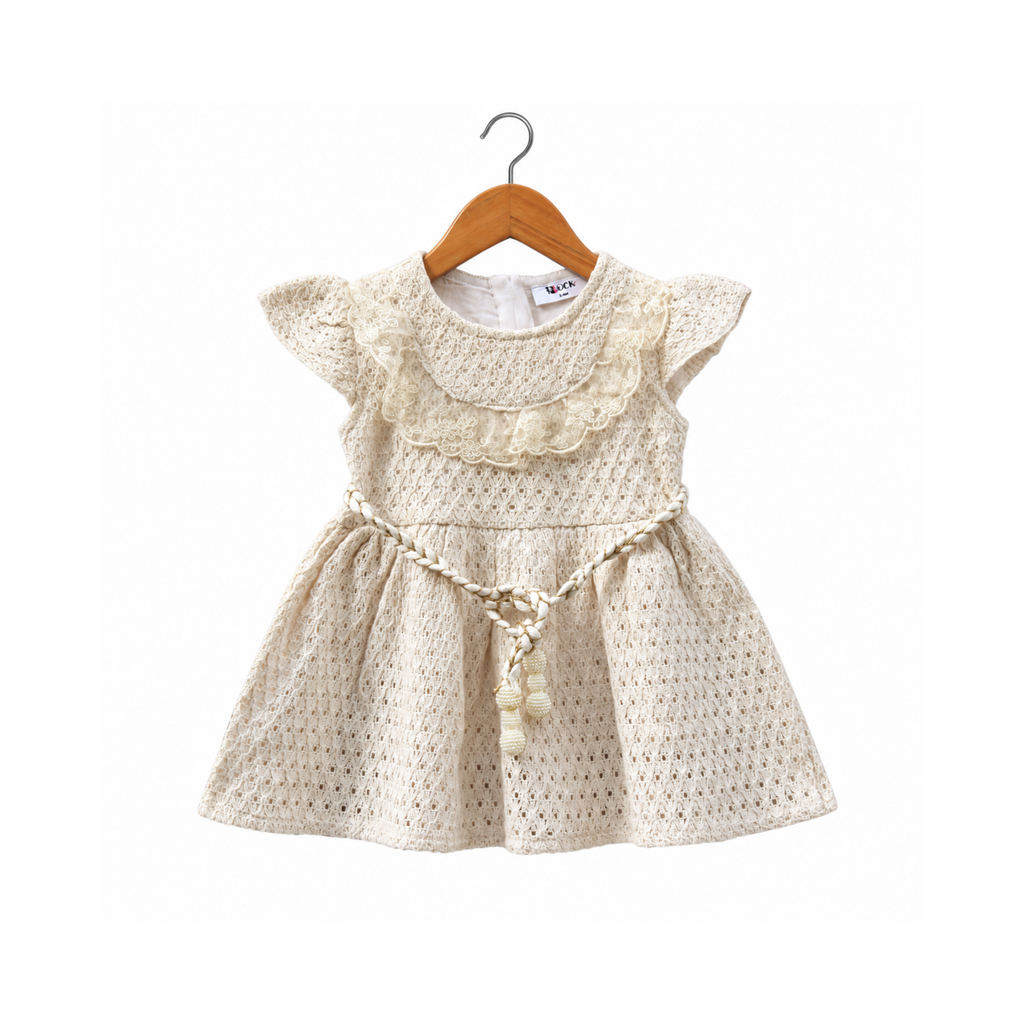 Frockwala Girls’ Cream Lace Frock with Flutter Sleeves