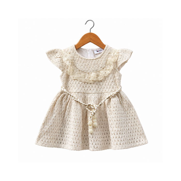 Frockwala Girls’ Cream Lace Frock with Flutter Sleeves